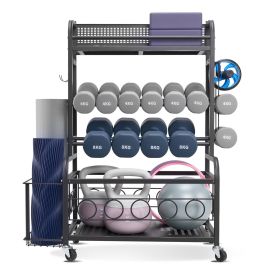 Yoga Mat Storage Rack, Home Gym Workout Equipment Organizer, Powder Coated Finish Steel Yoga Mat Holder with Hooks & Wheels, Weight Rack for Dumbbell